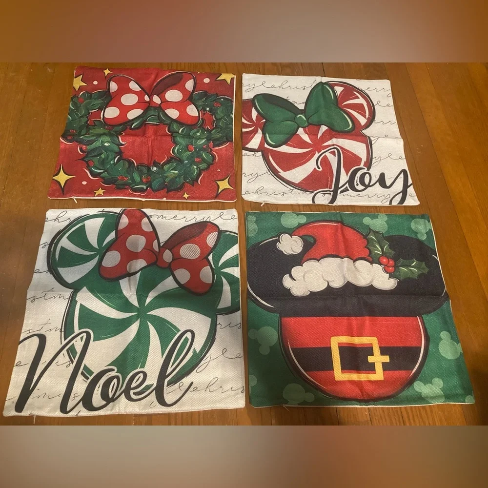 Pillow Covers Winter Christmas Mickey Minnie Mouse Themed Set of 4 18